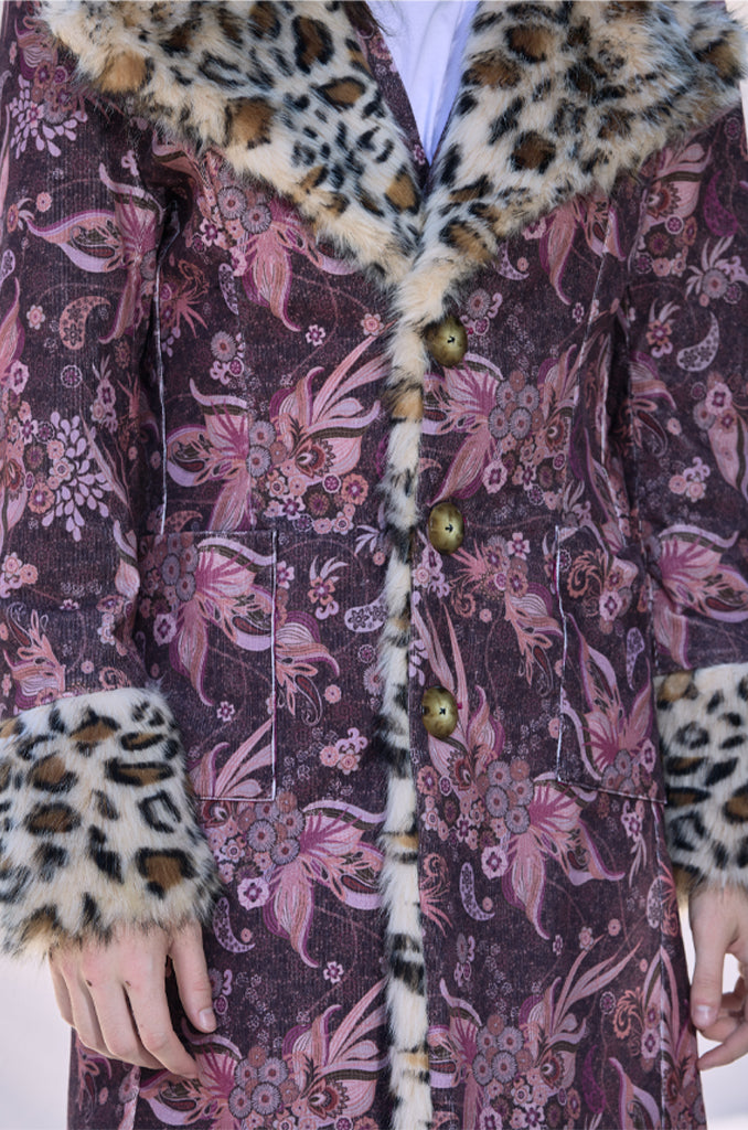 Men's slim fit printed corduroy coat with cheetah fur trim