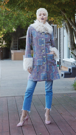 Penny Lane coat in blue print with faux fur