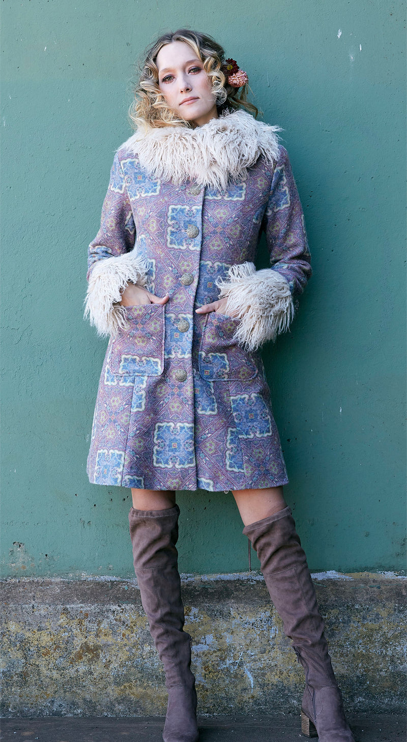 Boho print  Penny Lane wool coat with faux fur trim