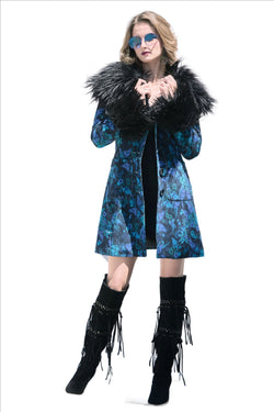 Penny Lane style Printed corduroy boho coat with faux fur.
