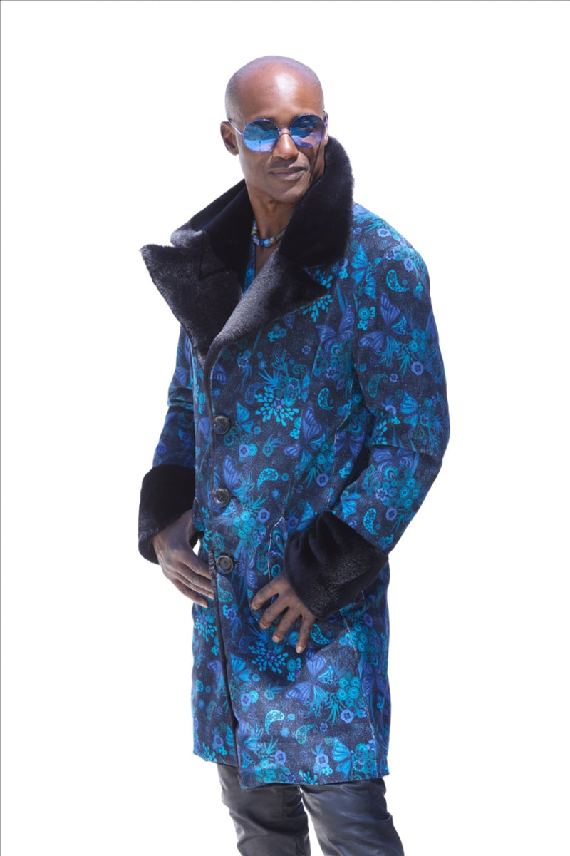 Men's slim cut printed corduroy coat with faux fur trim