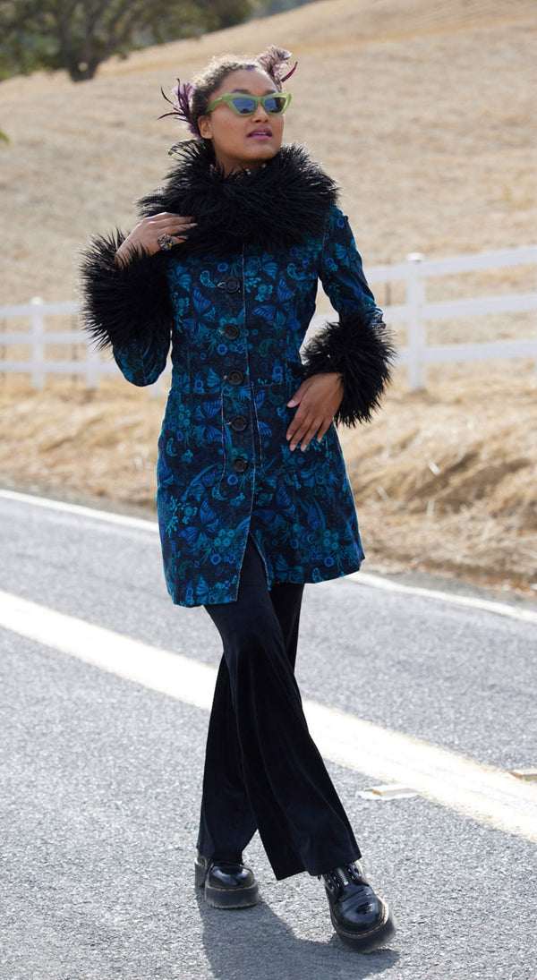 Blue Print corduroy  with faux fur coat