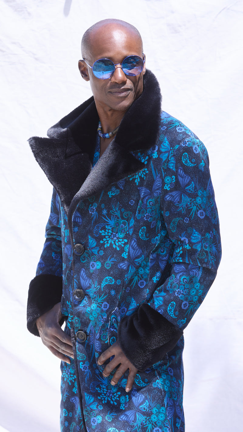 Blue print Gender Free Coat with black Faux fur