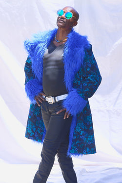 bootsy Collins style 70's coat with bright blue fur and blue satin lining