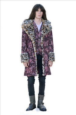 Men's slim fit  printed corduroy coat with cheetah fur trim
