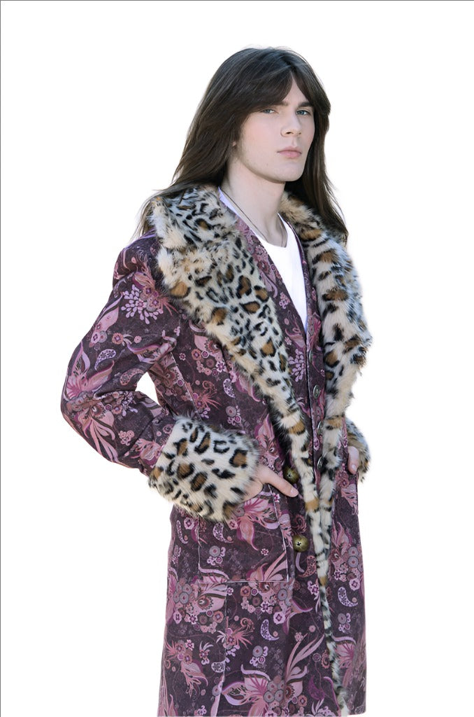 Men's slim fit printed corduroy coat with cheetah fur trim