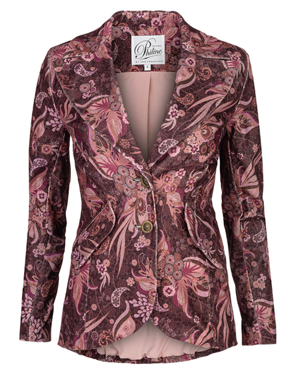 Fitted retro style boho blazer in printed corduroy
