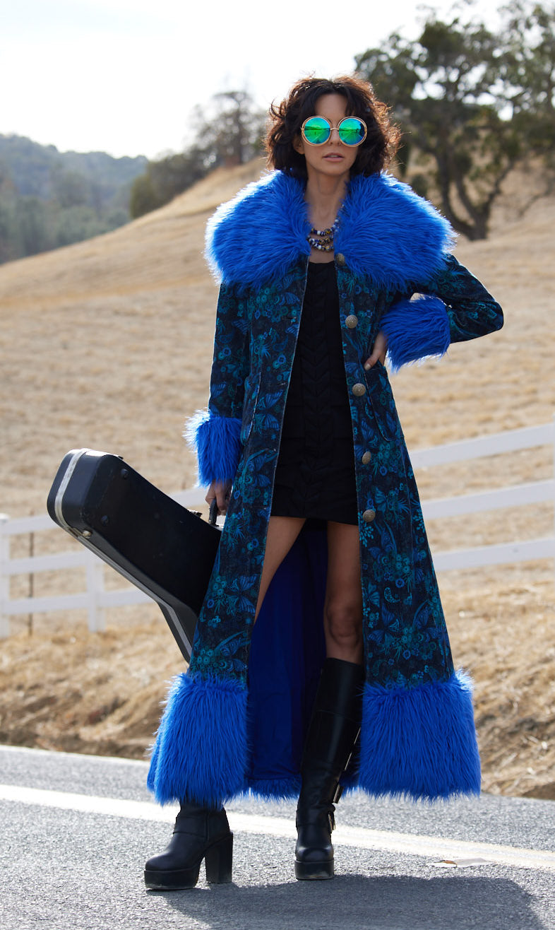 Boho style Festival coat print corduroy with faux fur