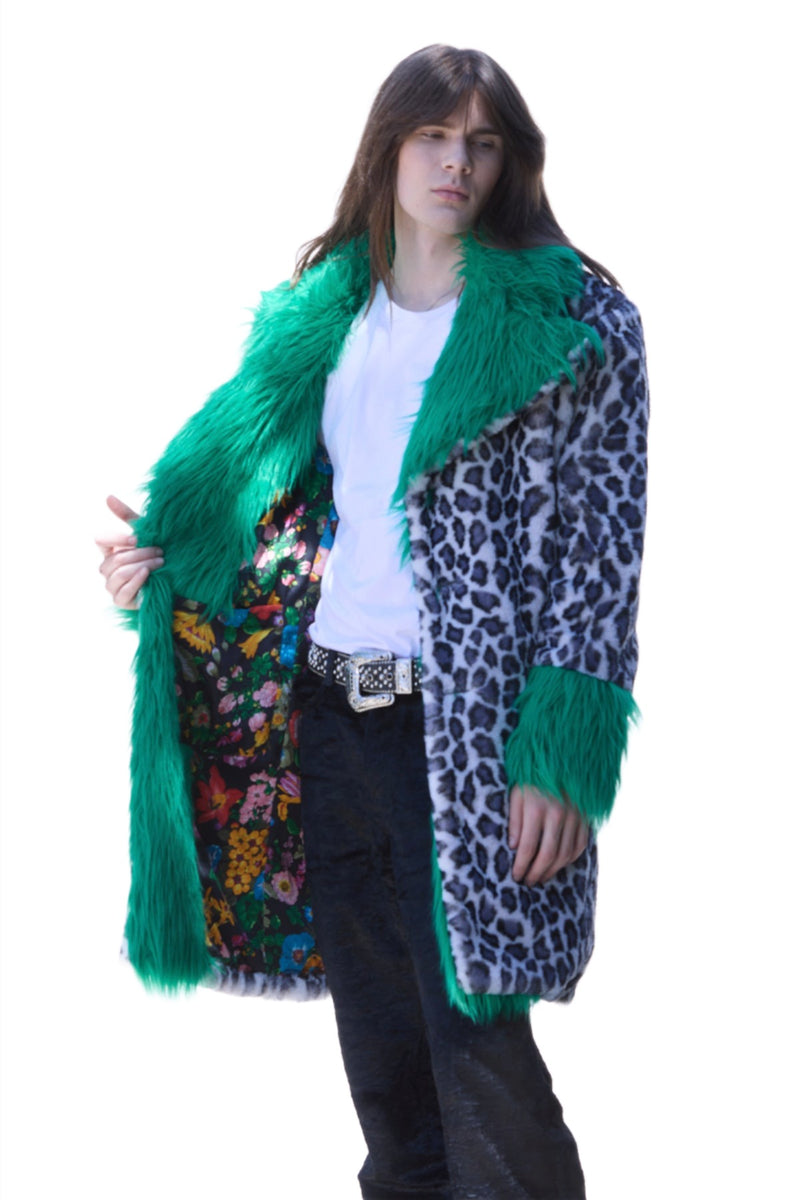 Men's festival style coat in Black leopard print faux fur coat with green fur trim