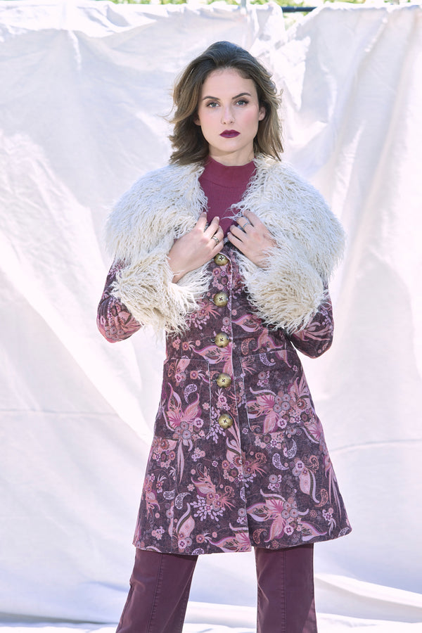Boho style penny Lane coat in printed corduroy and trimmed in faux fur