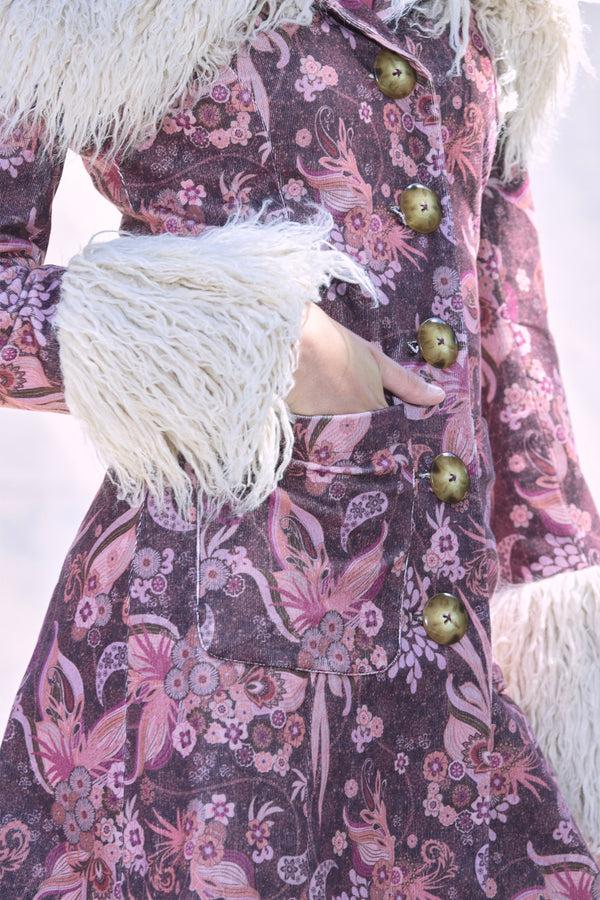 Boho style penny Lane coat in printed corduroy and trimmed in faux fur