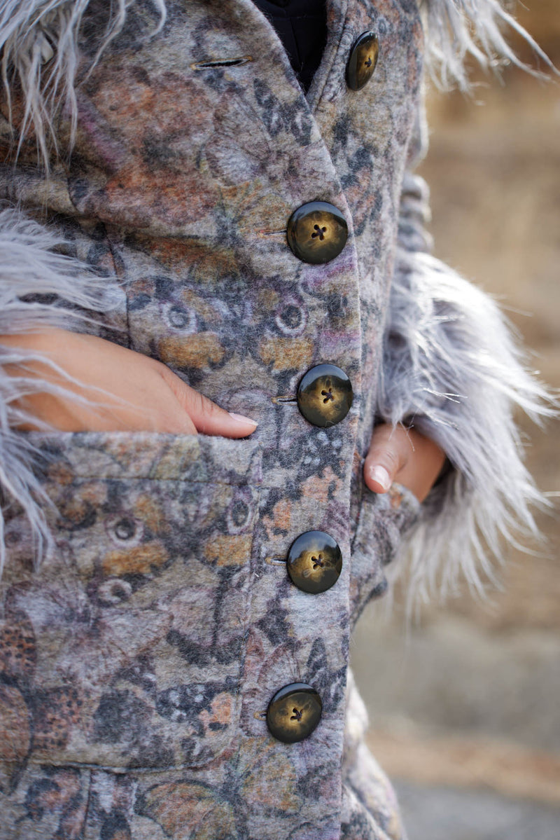 retro style Penny Lane boho wool coat. Butterfly printed fabric with faux fur trim