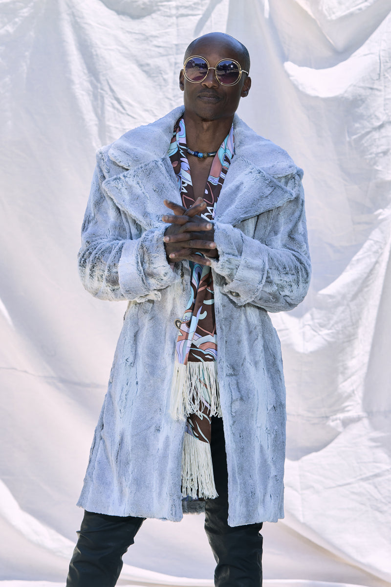 Silver Faux fur men's slim cut festival style coat lined in printed silk