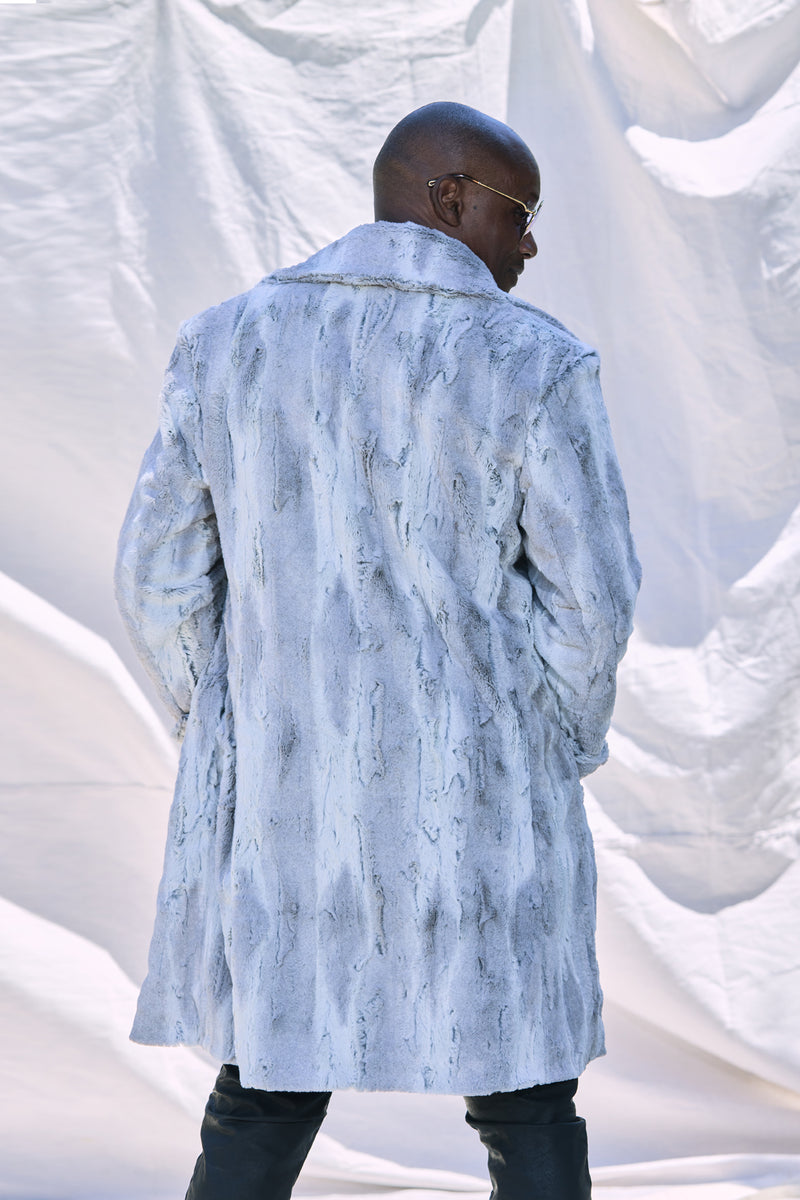 Silver Faux fur men's slim cut festival style coat lined in printed silk