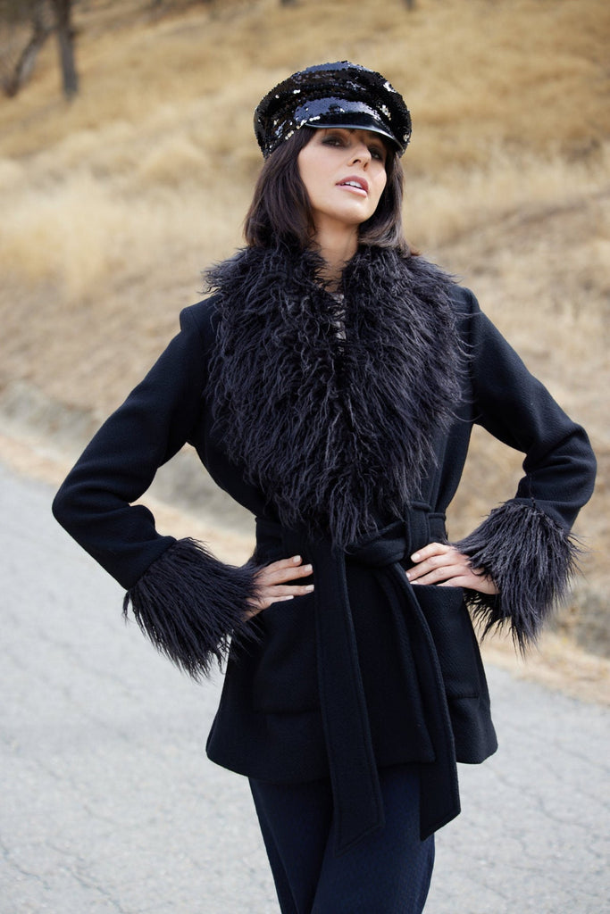 Retro style boho black coat with faux fur trim