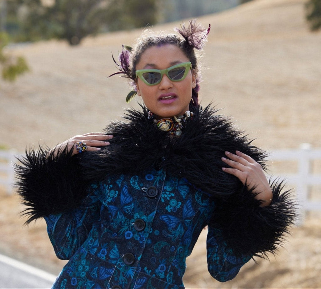 Penny lane Faux fur trim Blue corduroy coat