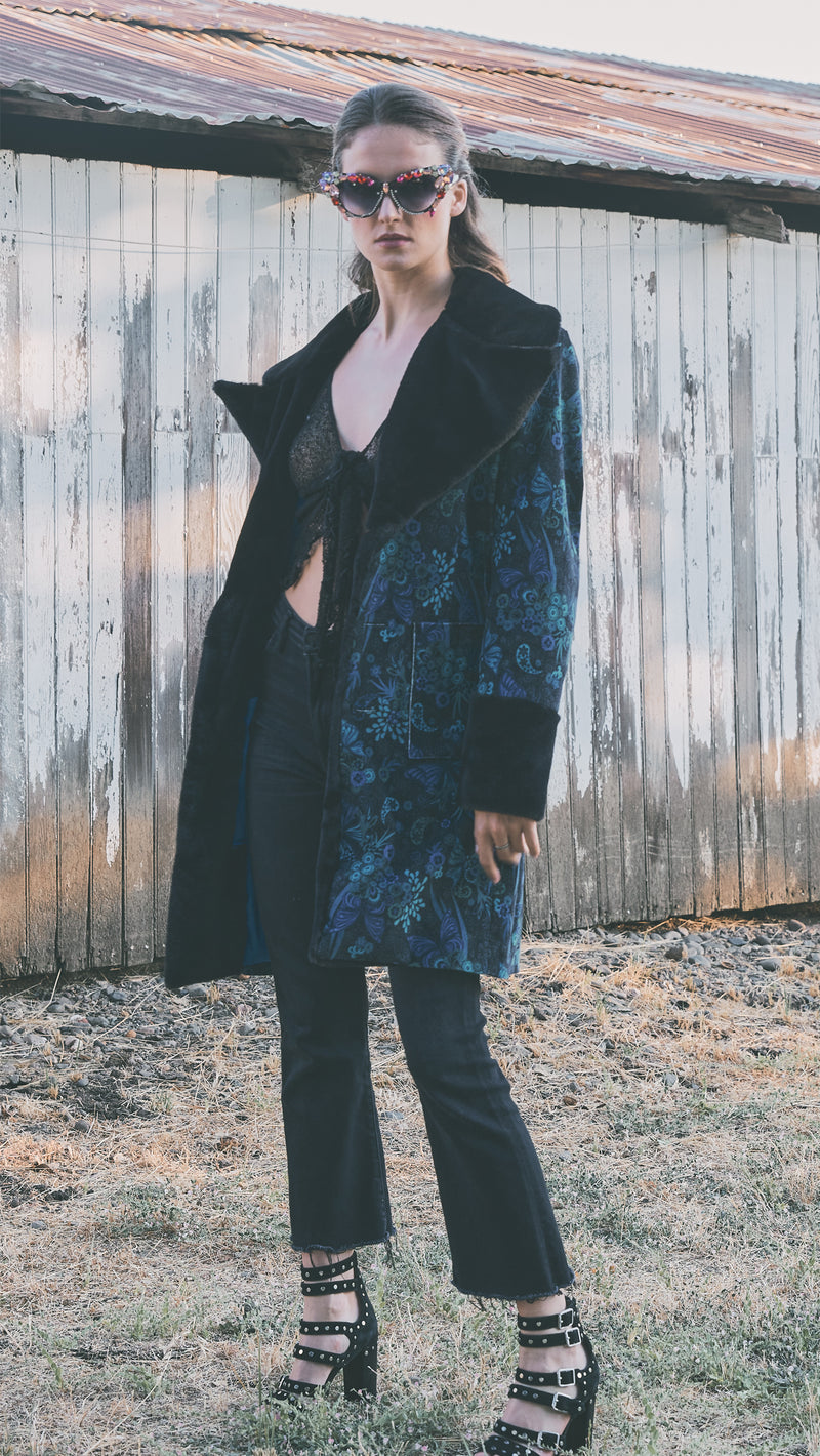 Blue print Gender Free Coat with black Faux fur