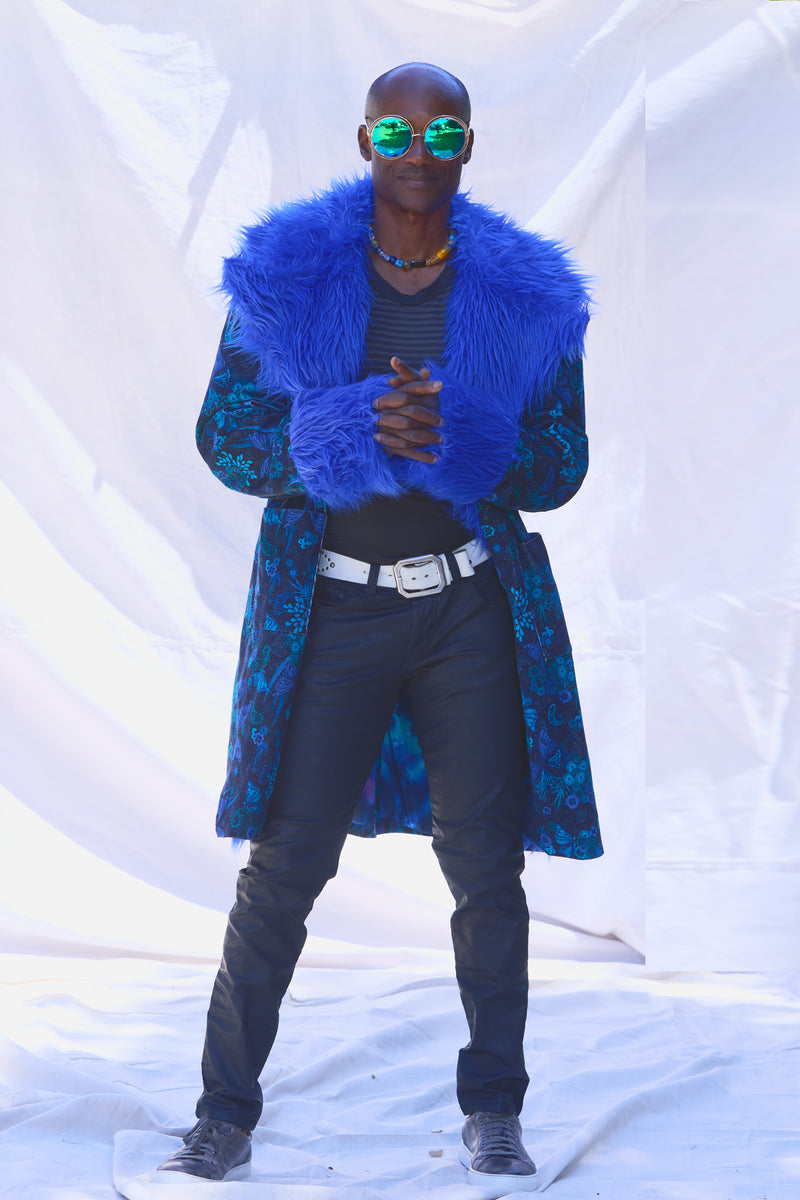 bootsy Collins style 70's coat with bright blue fur and tie-dye lining