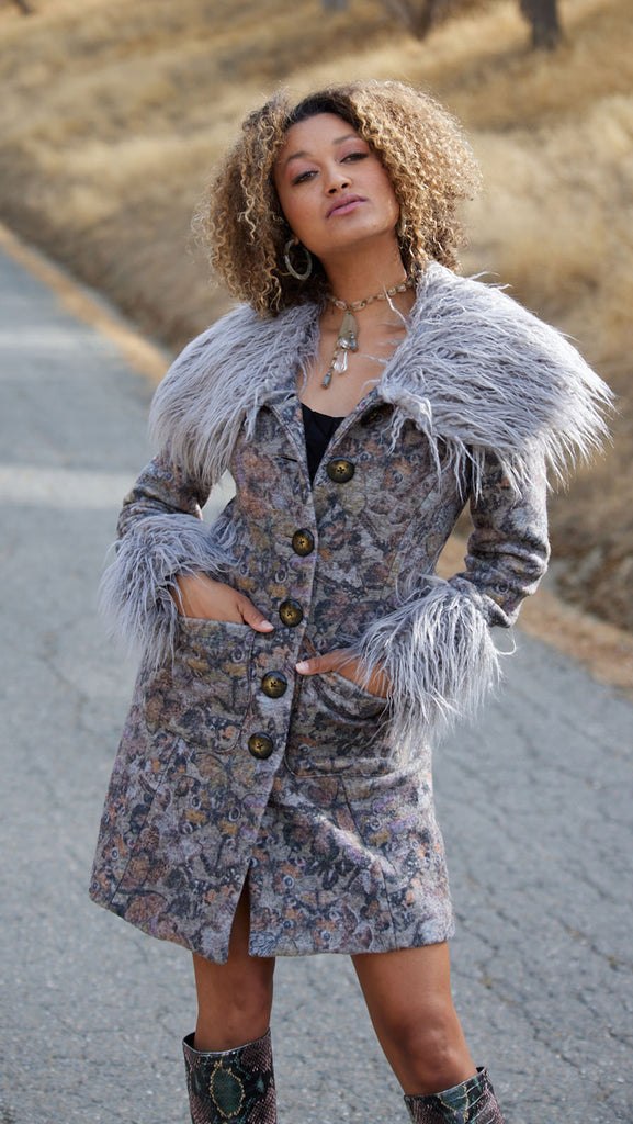 retro style Penny Lane boho wool coat. Butterfly printed fabric with faux fur trim