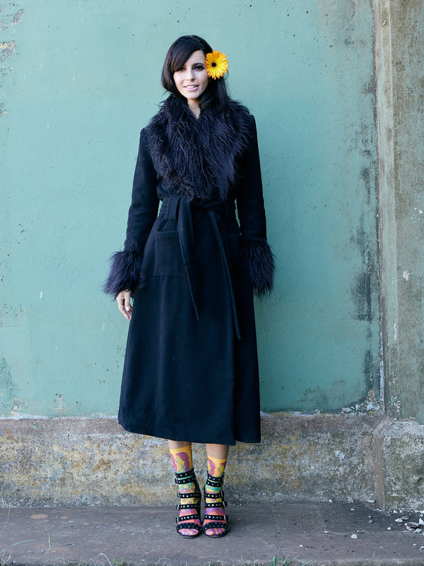 Black Retro Boho style long wool coat with faux fur