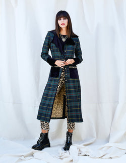 tartan wool plaid long coat with velvet trim, lined in silk, sale