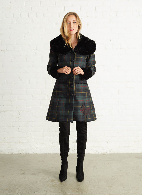 The Scotty Coat  tartan wool plaid coat with faux fur trim, lined in silk, sale