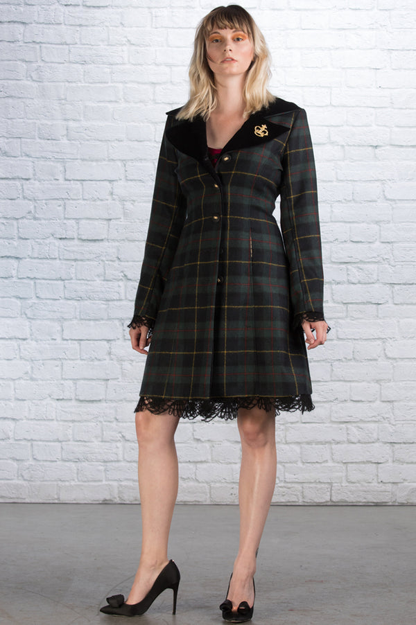 The Scotty Coat tartan wool plaid coat with velvet fur trim, lined in silk, sale